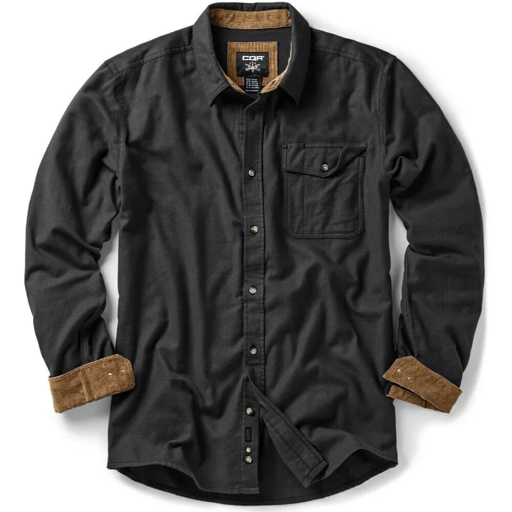 🆕Mens Corduroy Coal Black Cotton Flannel Shirt Long Sleeve Casual Outdoor Plaid